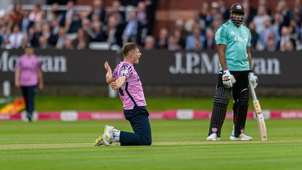Vitality Blast T20 cricket with evening crowd and stadium sports advertising - World Sports Advertising