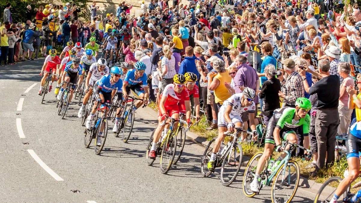 Professional cycling peloton at a Grand Tour with team kit sponsorship and roadside branding - World Sports Advertising